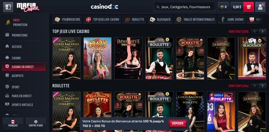 capture d'écran des jeux de casino en direct sur Mafia Casino