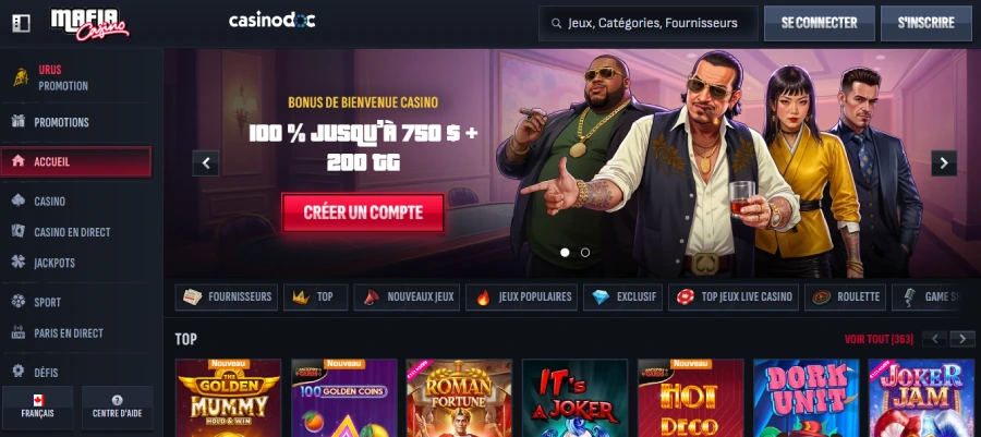 capture d'écran page accueil Mafia Casino Canada