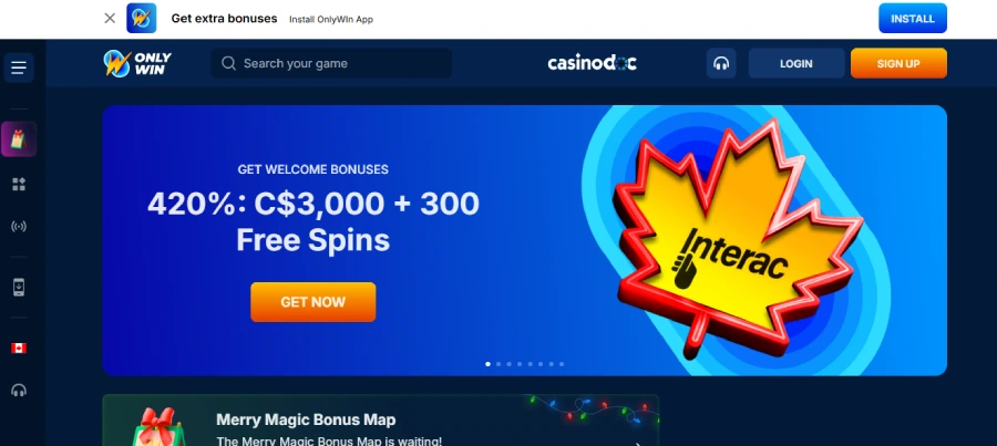 capture d'écran page accueil Onlywin Canada
