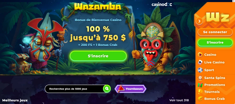 capture d'écran page accueil Wazamba Canada