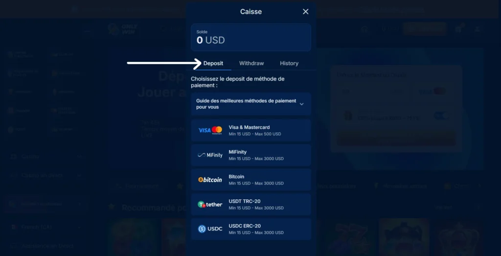 dépôt sur onlywin étape 2