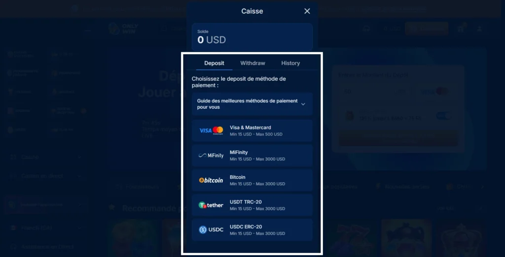dépôt sur onlywin étape 3