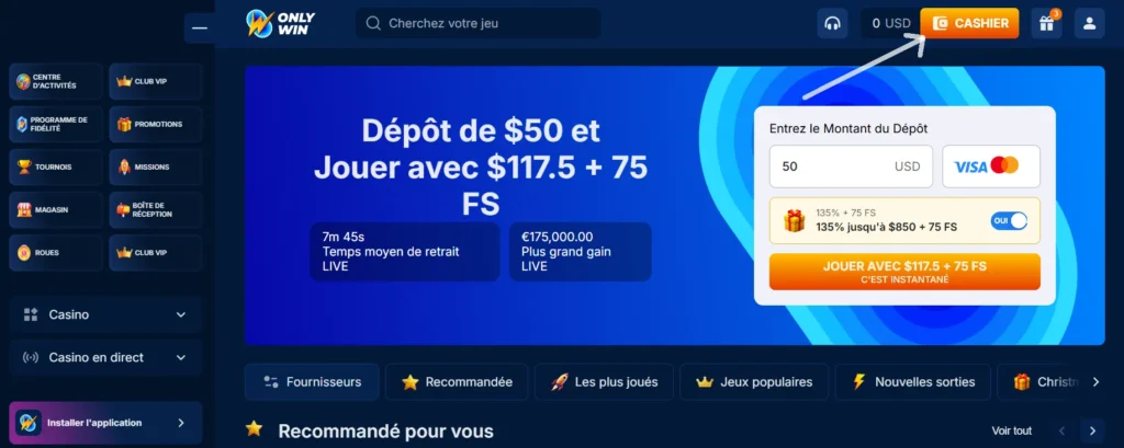 dépôt ou retrait sur onlywin étape 1