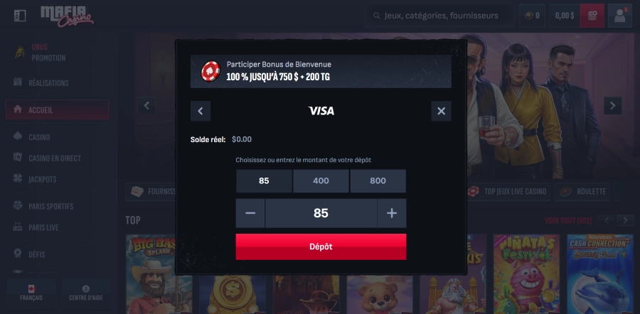 dépôt visa sur mafia casino
