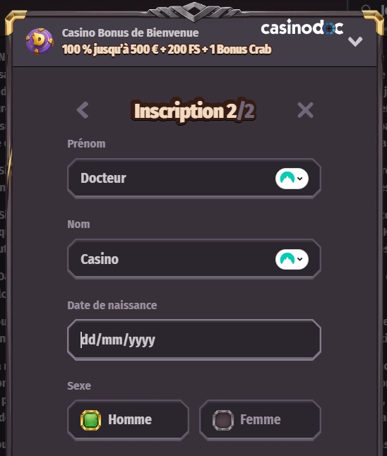deuxième partie du formulaire d'inscription dragonia