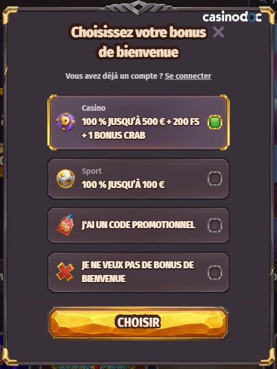 choix bonus de bienvenue dragonia casino