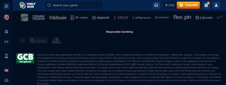 capture d'écran licence du casino onlywin
