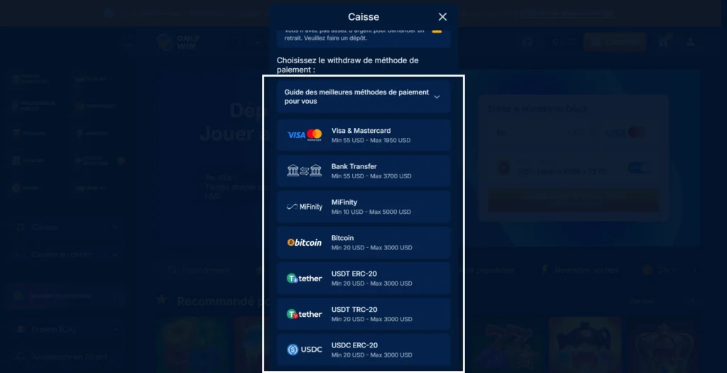 retrait sur onlywin étape 3