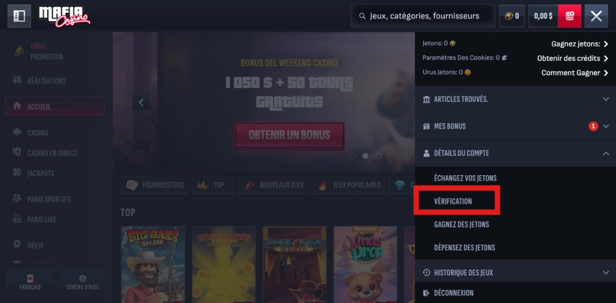 onglet vérification KYC sur Mafia Casino