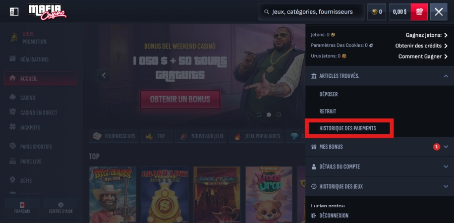 onglet historique des transactions sur Mafia Casino