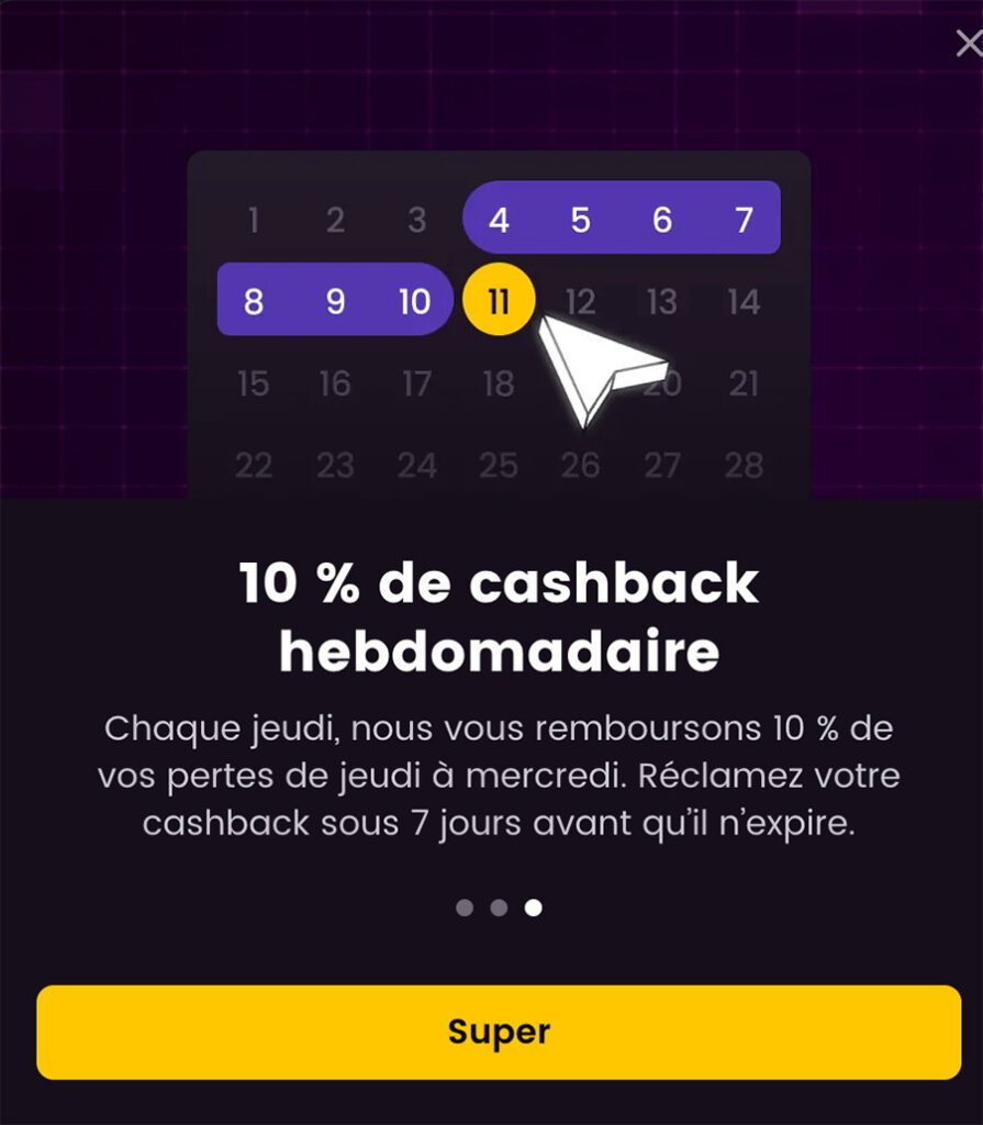 10% de cashback hebdomadaire
