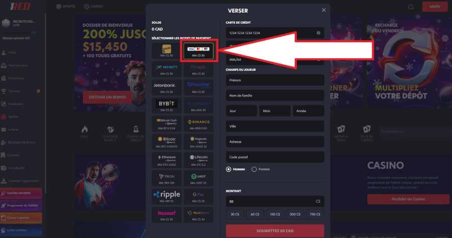 Dépôt avec Amex sur casino étape 2