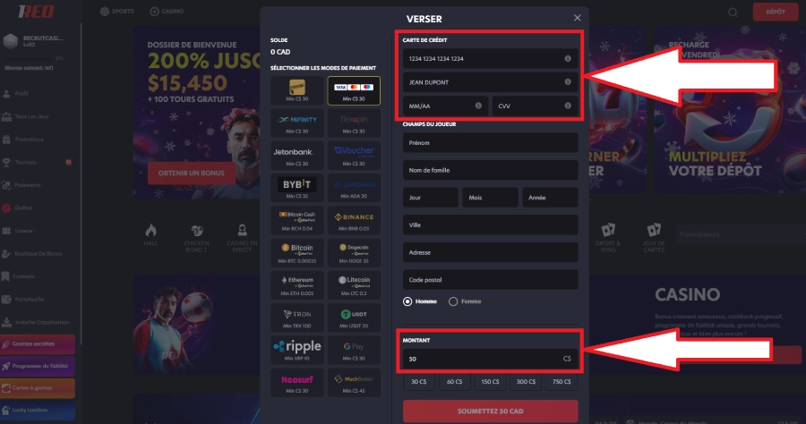 Dépôt avec Amex sur casino étape 3