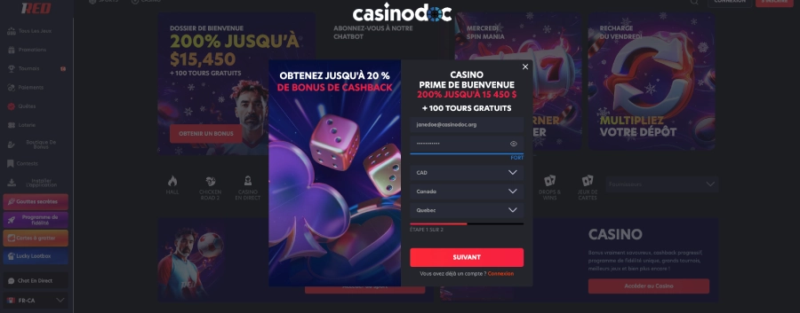Inscription 1Red Casino étape 2