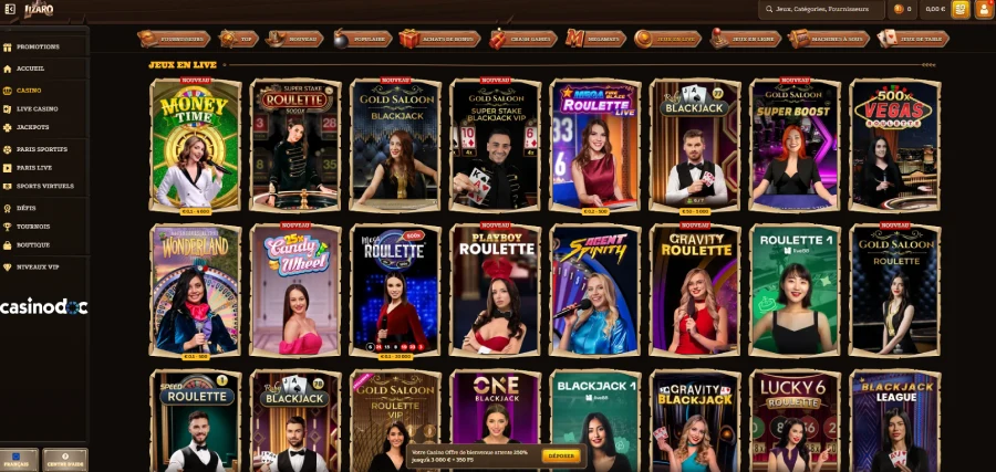 Jeux de casino en direct sur Lizaro