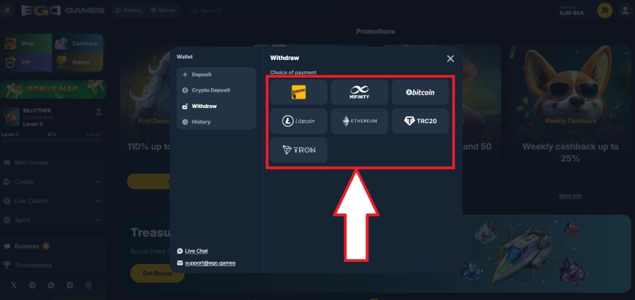Retrait avec Amex sur casino étape 2