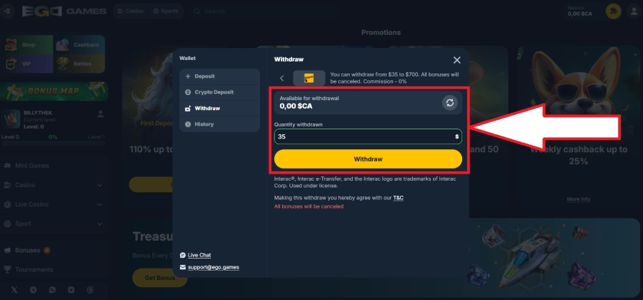 Retrait avec Amex sur casino étape 3