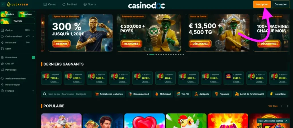 inscription étape 1 luckygem casino