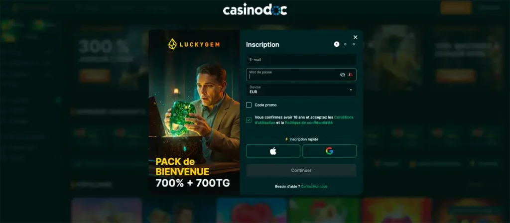 inscription étape 2 luckygem casino