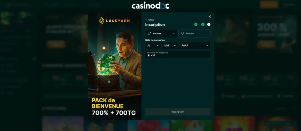 inscription étape 4 luckygem casino