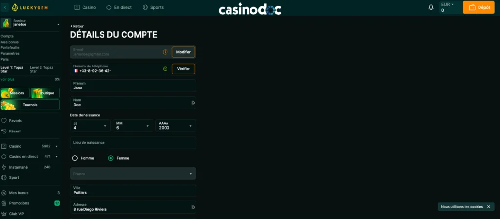 inscription étape 5 luckygem casino