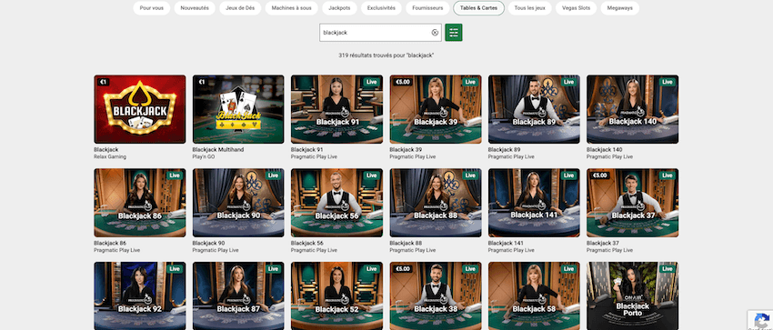 jeux de table blackjack sur le casino belge Unibet