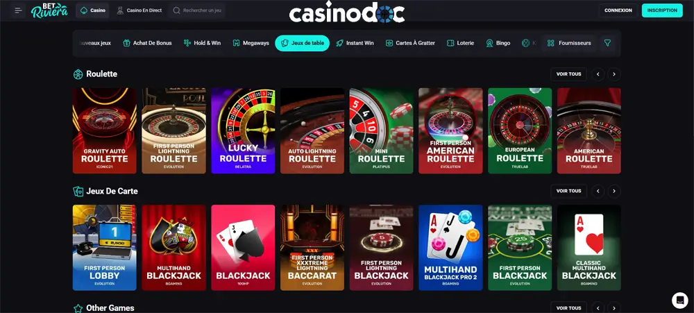 jeux de table betriviera casino