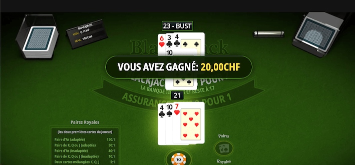 jeu de blackjack sur le casino suisse Casino777