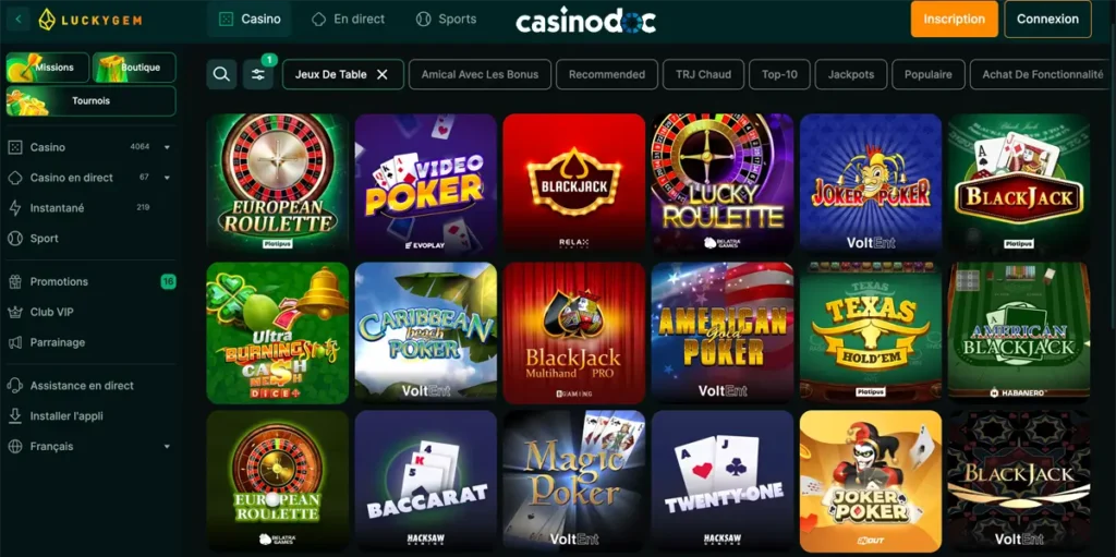 jeux de table luckygem casino