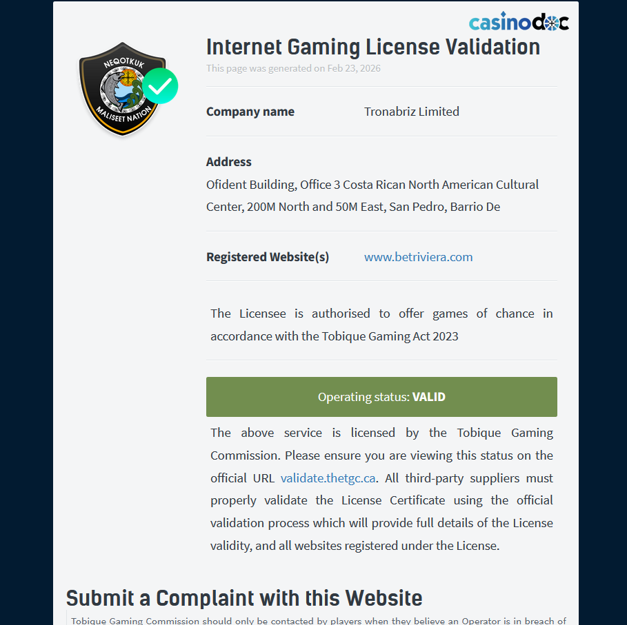 licence betriviera casino