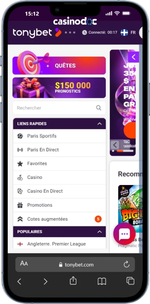 tonybet sur mobile