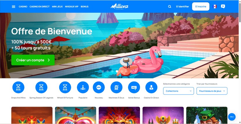 page d'accueil millionz casino