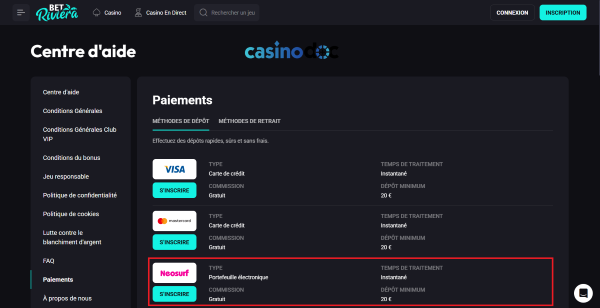 Betriviera : casino avec paiement Neosurf