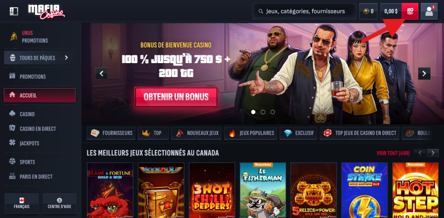 dépôt Interac étape 1 sur Mafia Casino