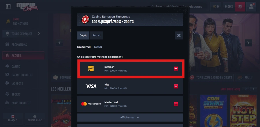 dépôt Interac étape 2 sur Mafia Casino