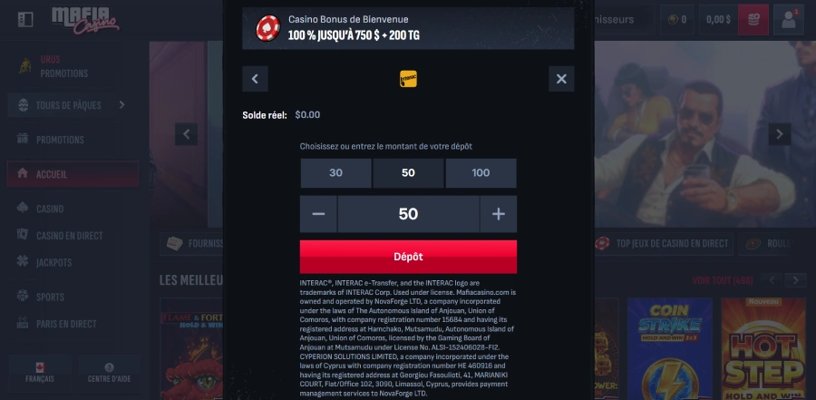 dépôt Interac étape 3 sur Mafia Casino