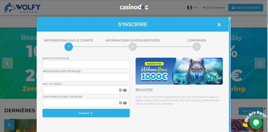 inscription étape 2 sur wolfy casino belgique