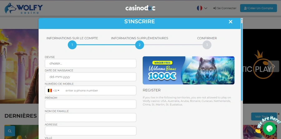 inscription étape 3 sur wolfy casino belgique