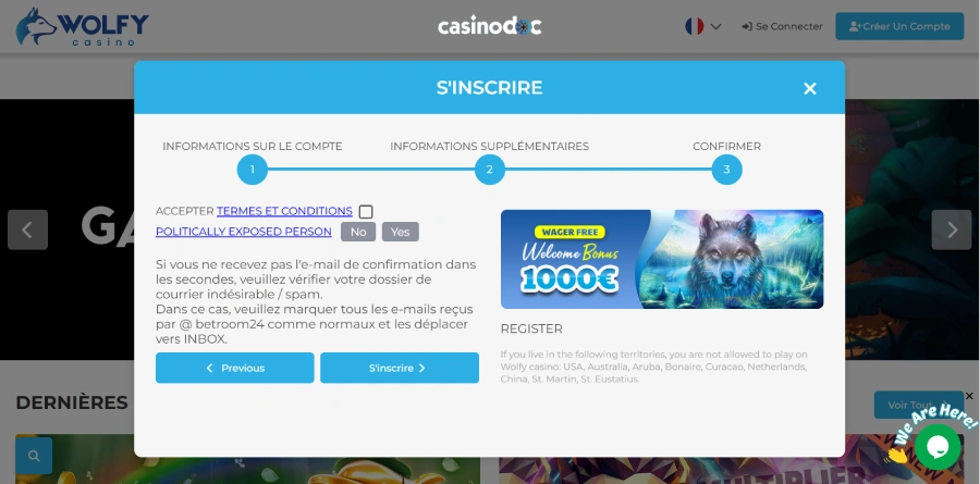 inscription étape 4 sur wolfy casino belgique