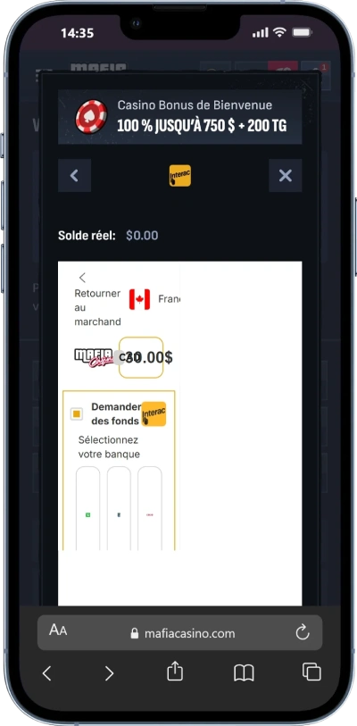 interface sur mobile de Interac