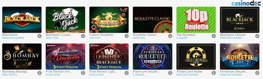 les jeux de table sur wolfy casino belgique