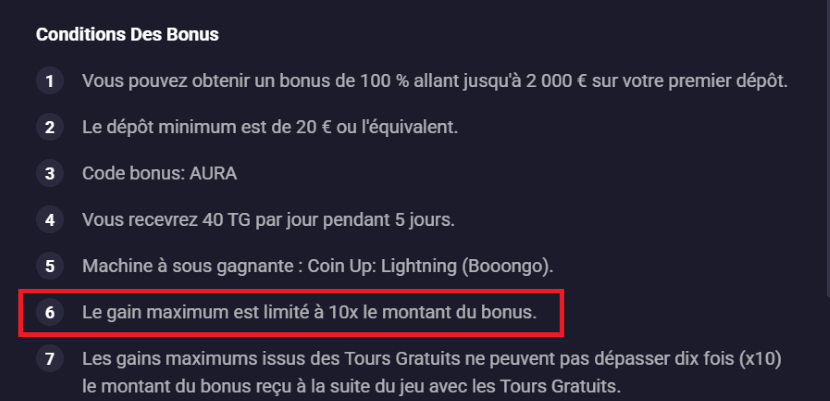 Conditions des bonus sur spinaura