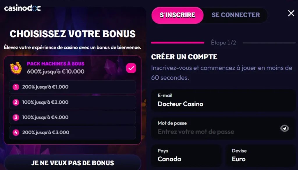 inscription étape 1 wildzy casino