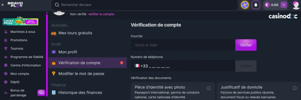inscription étape 2 bravo play casino