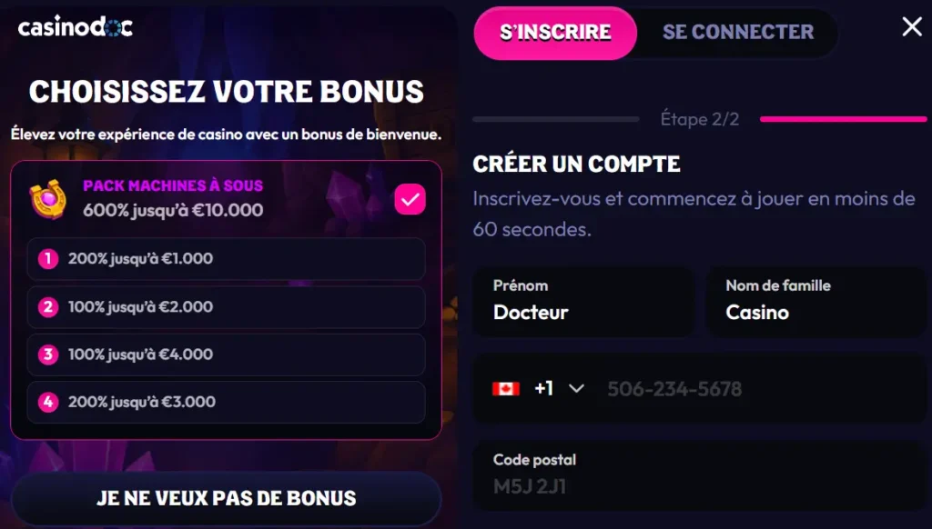 inscription étape 2 wildzy casino