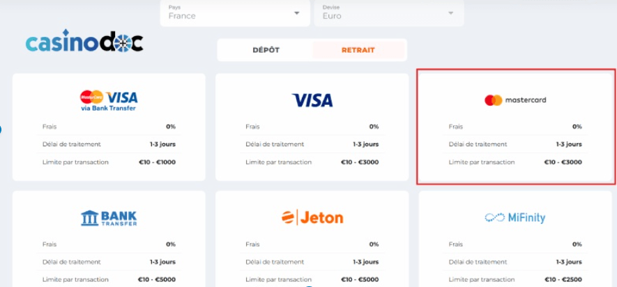 retrait mastercard au casino en ligne