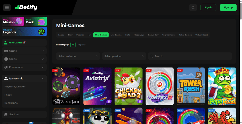 mini-jeux sur betify casino