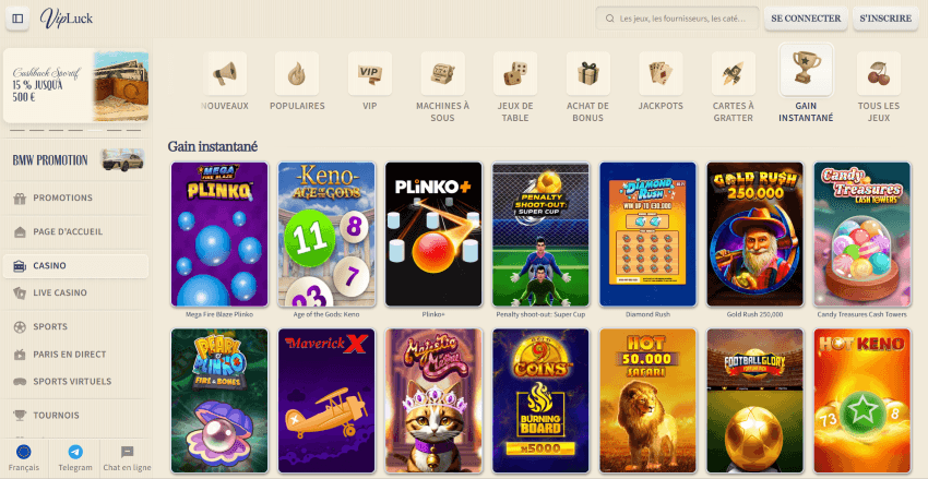 mini-jeux sur vipluck Casino