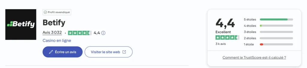 avis trustpilot sur le casino betify