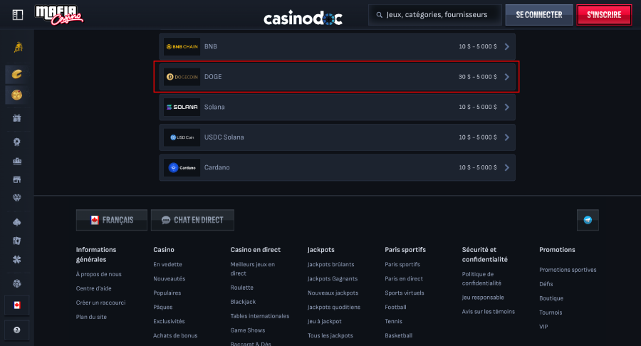 dépôt et retrait dogecoin casino canadien